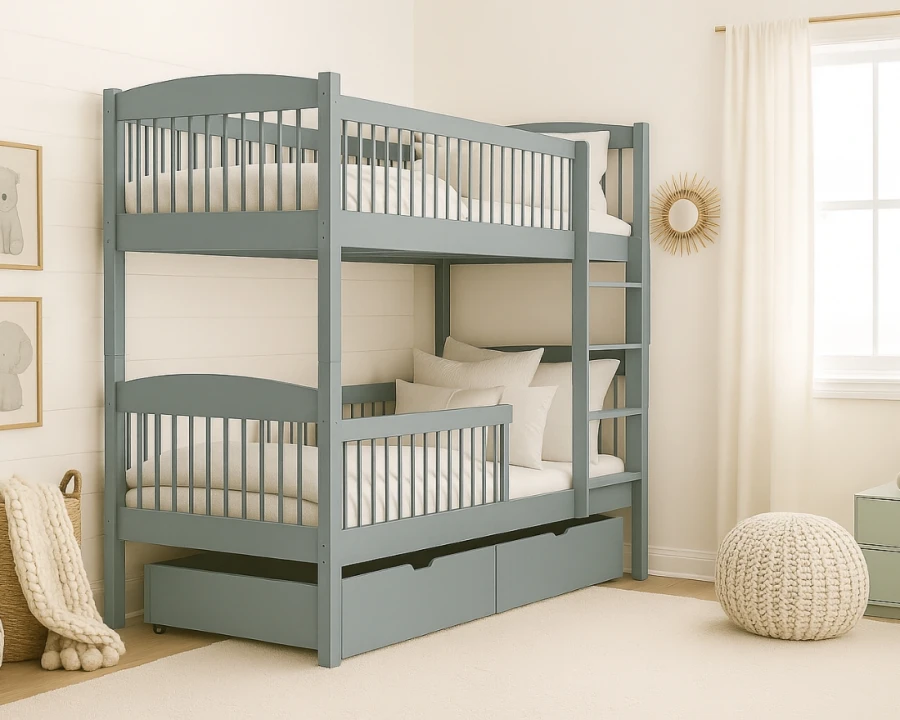Graues Etagenbett aus Holz mit praktischem Bettkasten im modernen Kinderzimmer.