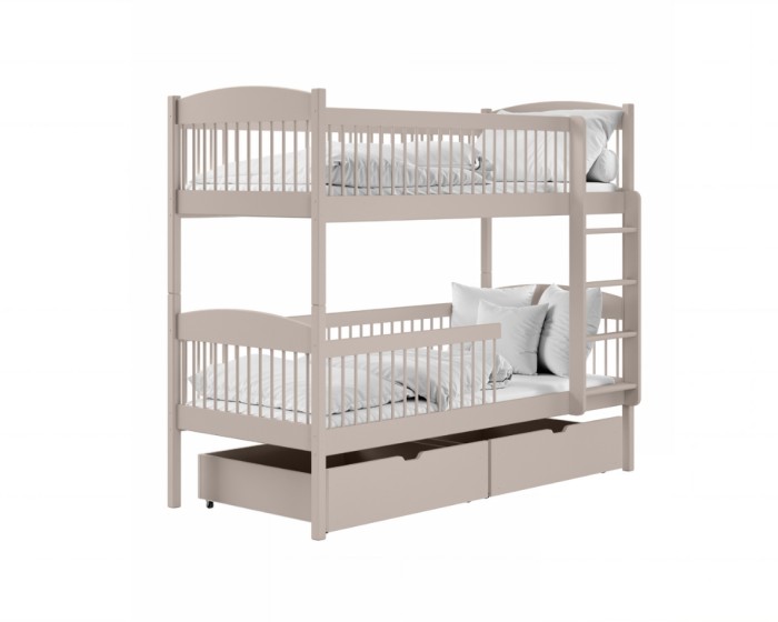 Beige bunk bed made of solid wood with two drawers on a white background.