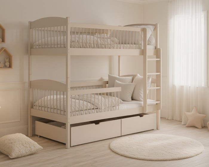 Beiges Etagenbett aus Holz mit zwei praktischen Bettschubladen im hellen Kinderzimmer.