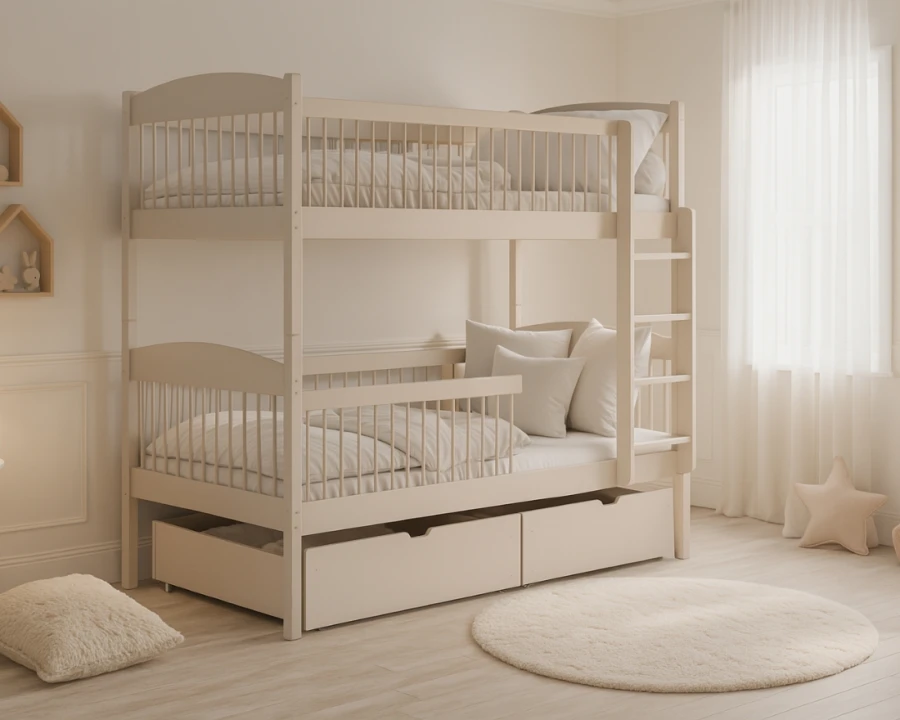 Beiges Etagenbett in gemütlich eingerichtetem Kinderzimmer mit runden Teppichen.