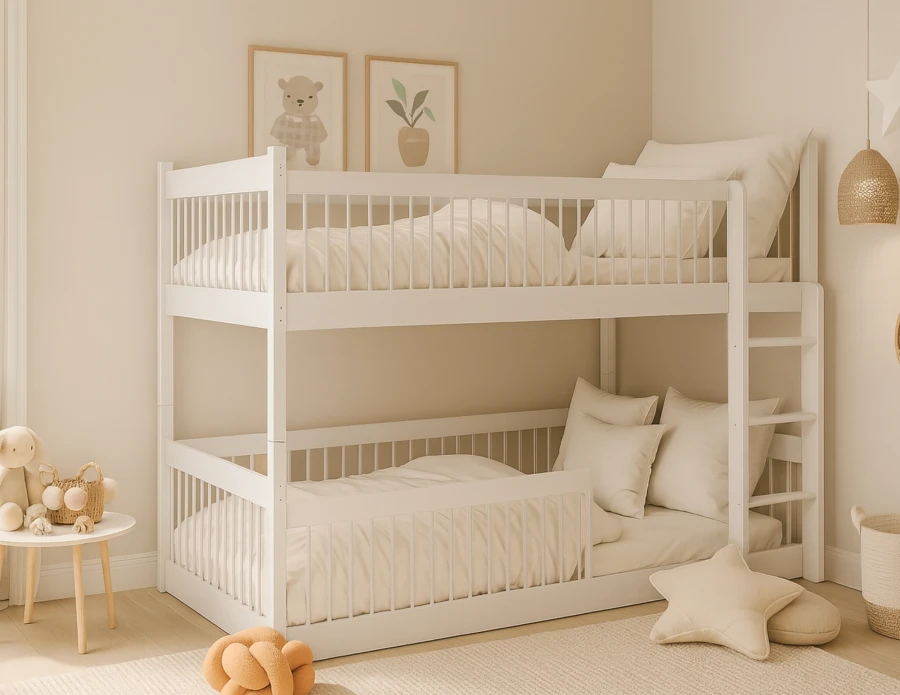 Platzsparendes weißes Etagenbett aus Massivholz in einem freundlich gestalteten Kinderzimmer.
