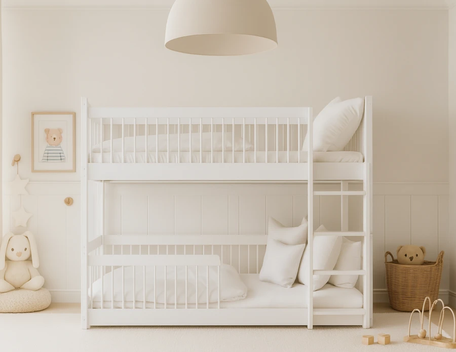Klassisches weißes Kinder-Etagenbett mit integrierter Leiter und Rausfallschutz.