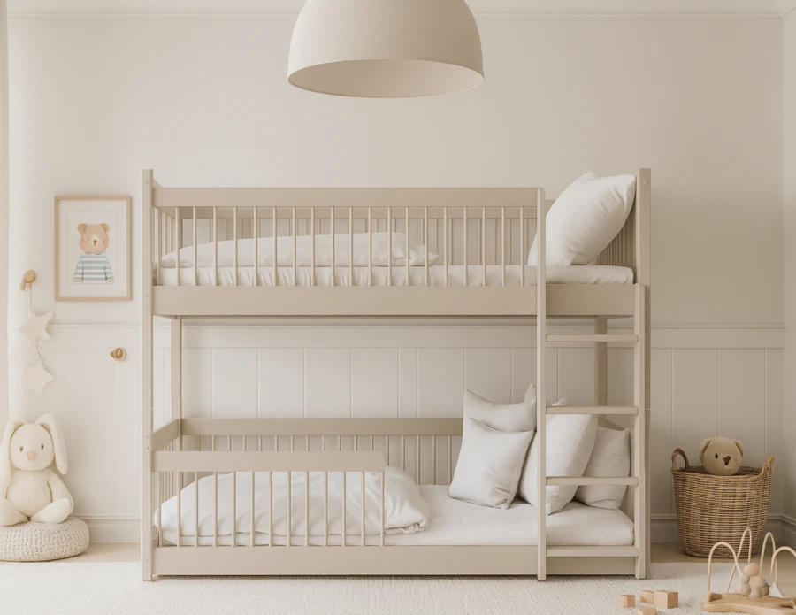 Beiges Etagenbett aus Holz für Kinder, gemütlich dekoriert im hellen Kinderzimmer.