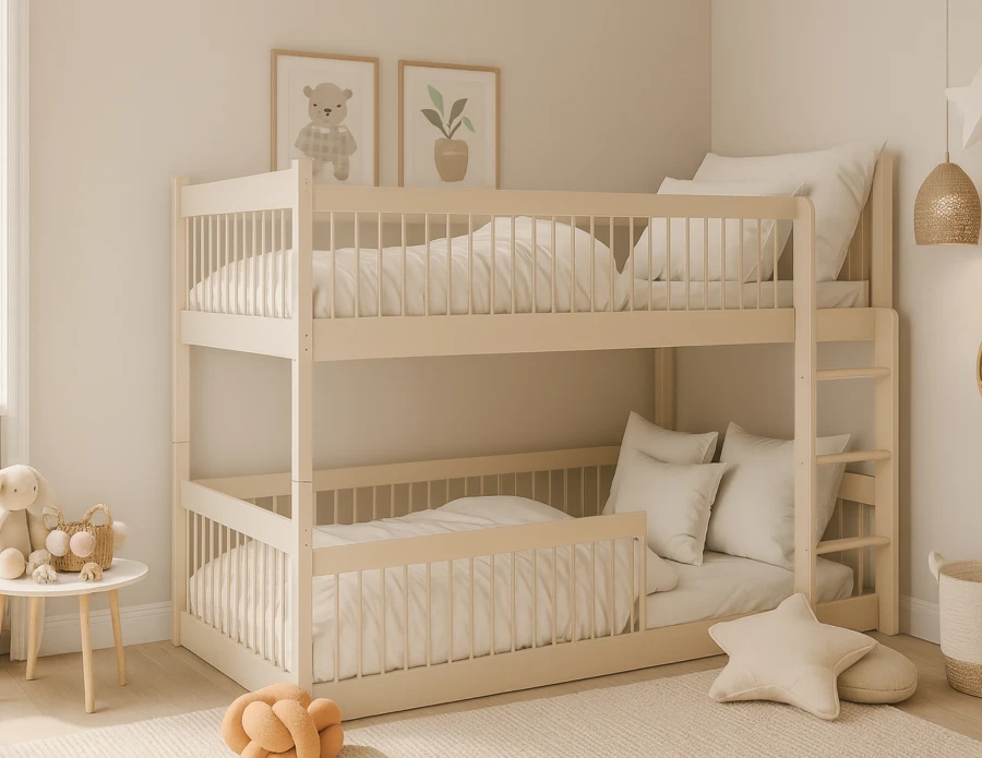 Modernes Kinder-Etagenbett in Beige, Seitenansicht mit weichen Kissen und heller Kinderzimmerdeko.