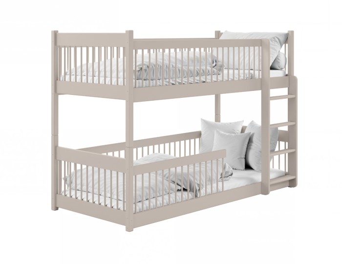 Modernes Etagenbett aus Holz in Beige mit Leiter und Rausfallschutz auf weißem Hintergrund.