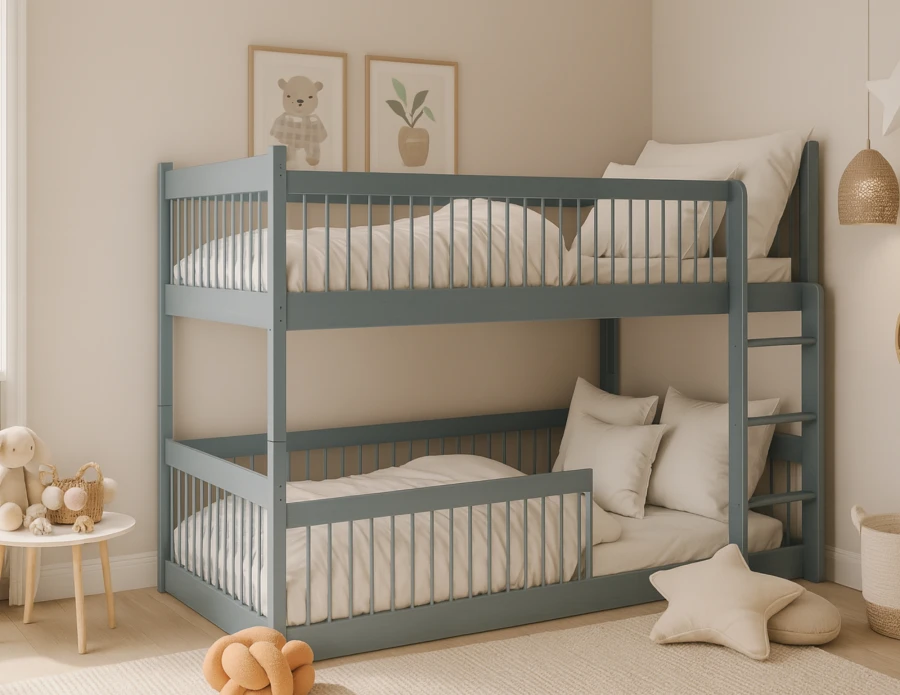 Grijs stapelbed van hout in de kinderkamer met gezellig beddengoed en speelgoed.