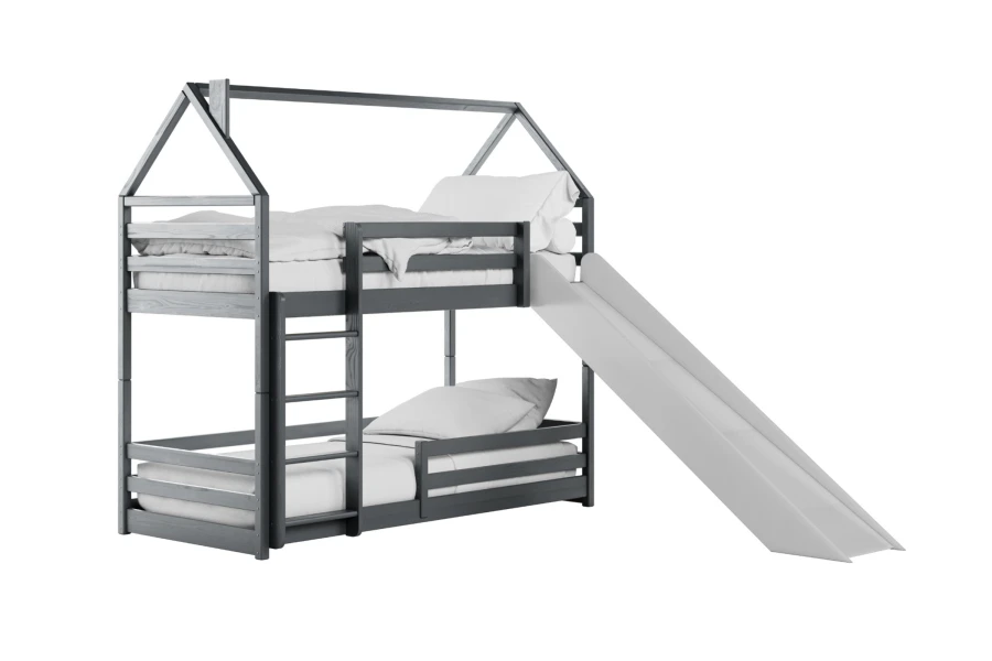 Dunkelgraues Kinder-Hausbett als Etagenbett mit integrierter Rutsche und Leiter.