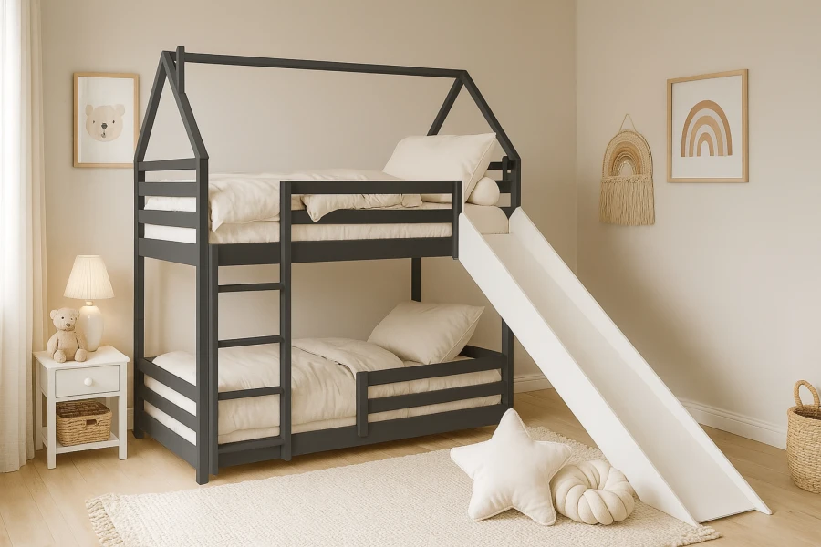 Dunkelgraues Hausbett Etagenbett mit weißer Rutsche im gemütlich eingerichteten Kinderzimmer.