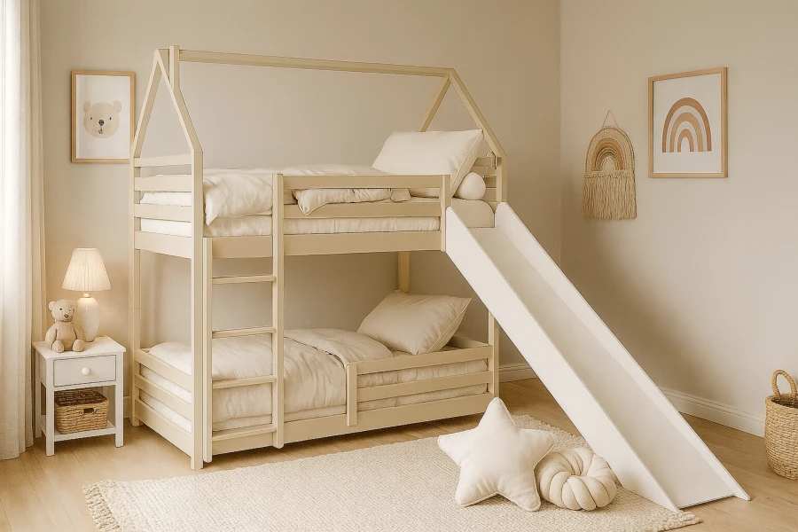 Beiges Etagenbett in Hausform mit Rutsche und Leiter in einem modernen Kinderzimmer.