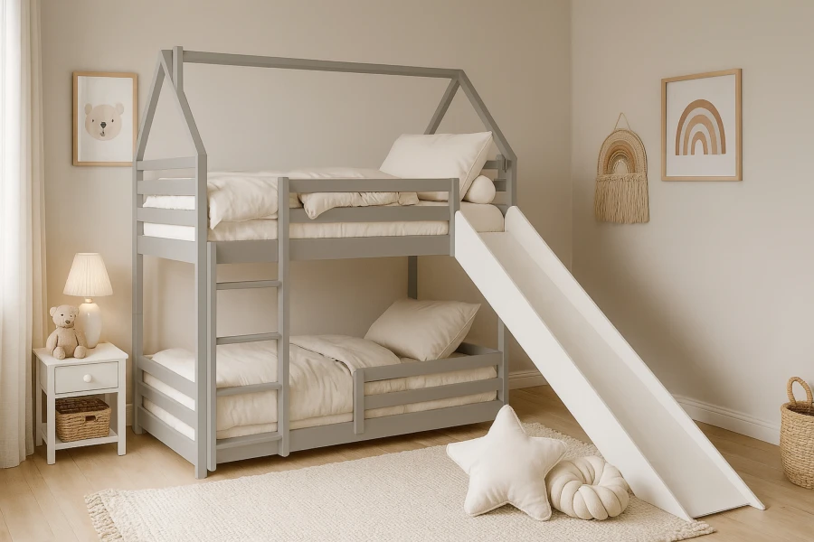 Graues Etagenbett Hausbett mit Rutsche für Kinder in hell gestaltetem Schlafzimmer.