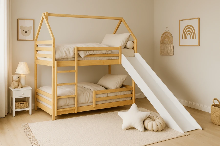 Hausbett-Etagenbett aus Holz mit Rutsche und Leiter im gemütlich eingerichteten Kinderzimmer.