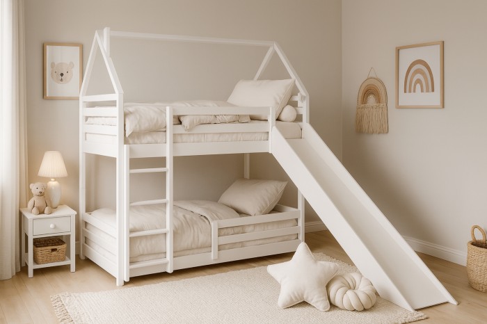 Weißes Kinder-Etagenbett in Hausform mit integrierter Rutsche und Leiter.