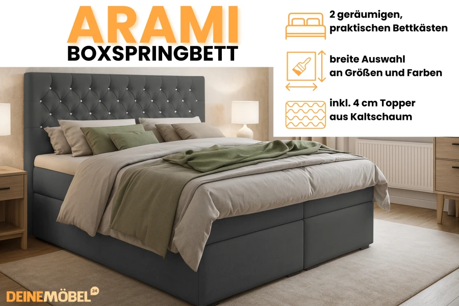 Boxspringbett Arami mit Bettkasten und Kopfteil in einer gemütlichen Schlafzimmerumgebung.