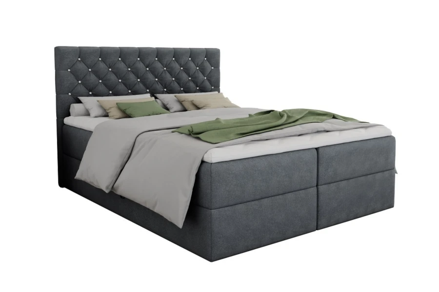 Elegantes Boxspringbett Arami in Grau mit dekorativen Kristallknöpfen am Kopfteil.