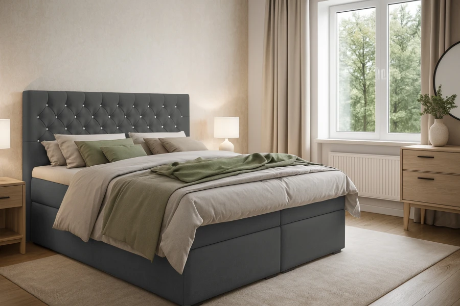 Graues Boxspringbett Arami mit dekorativem Kopfteil und Kissen in hellem Schlafzimmer.