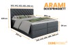Infografik mit Maßen für das Boxspringbett Arami: Höhen, Breiten und Längen im Überblick.