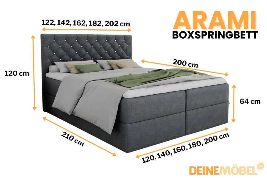 Infografik mit Maßen für das Boxspringbett Arami: Höhen, Breiten und Längen im Überblick.