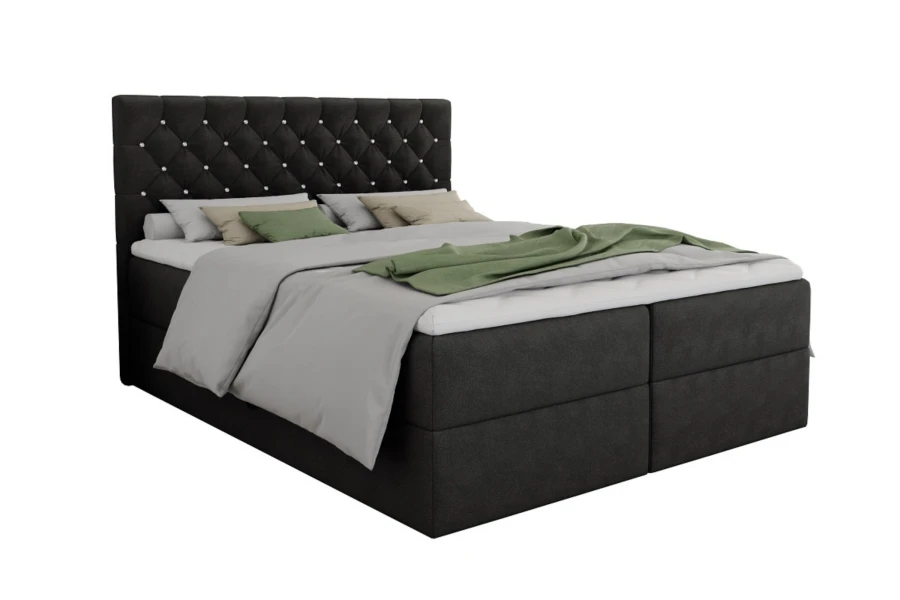 Modernes Boxspringbett Arami in Schwarz mit gestepptem Kopfteil freigestellt.