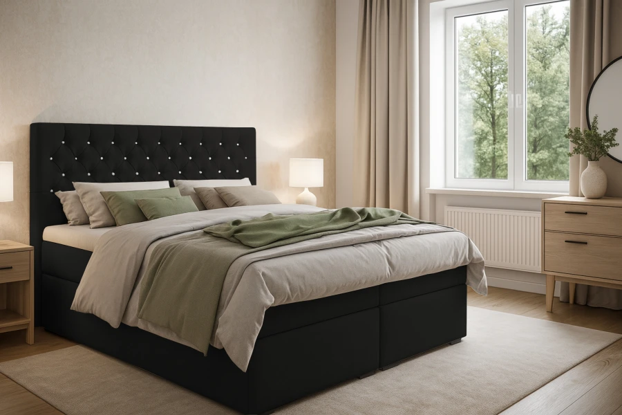 Schwarzes Boxspringbett Arami im gemütlichen Schlafzimmer mit modernen Möbeln.