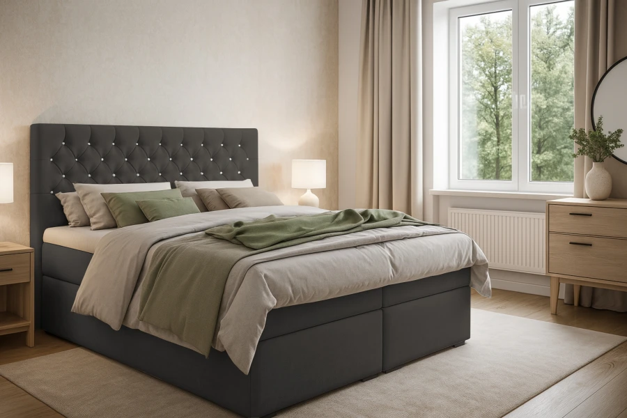 Modernes Schlafzimmer mit einem dunkelgrauen Boxspringbett, Holzkommode und Fenster.