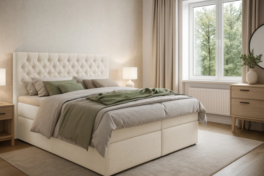 Modernes Schlafzimmer mit beigem Polsterbett, grünen Kissen und großen Fenstern.
