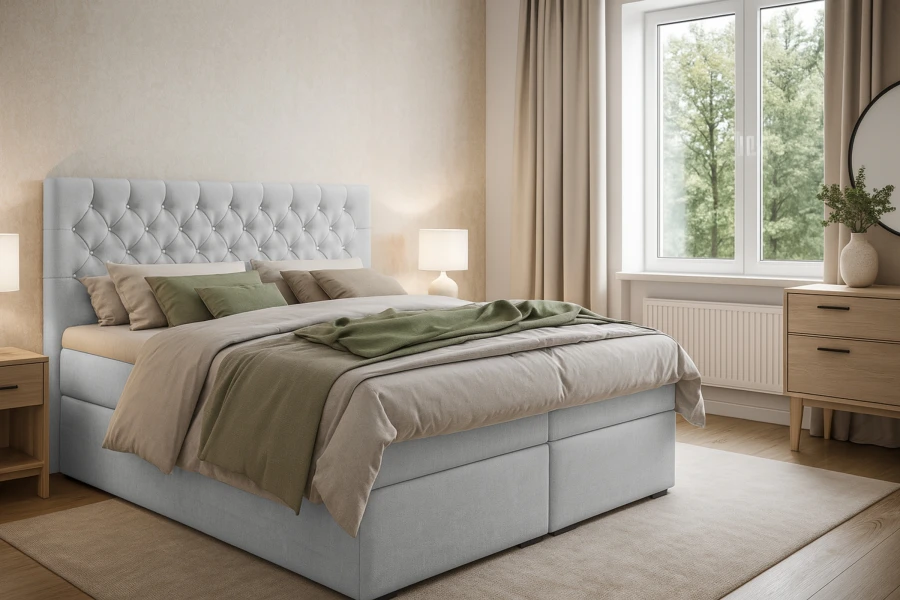 Modernes Boxspringbett in Grau in einem hellen, gemütlich eingerichteten Schlafzimmer.