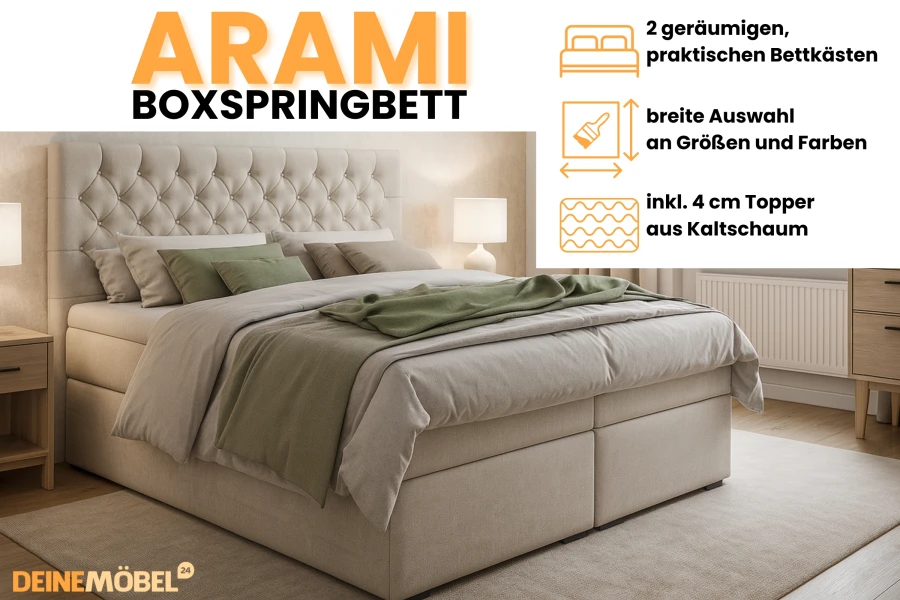 Beiges Boxspringbett ARAMI mit Bettkasten, Kaltschaum-Topper und verschiedenen Farben.