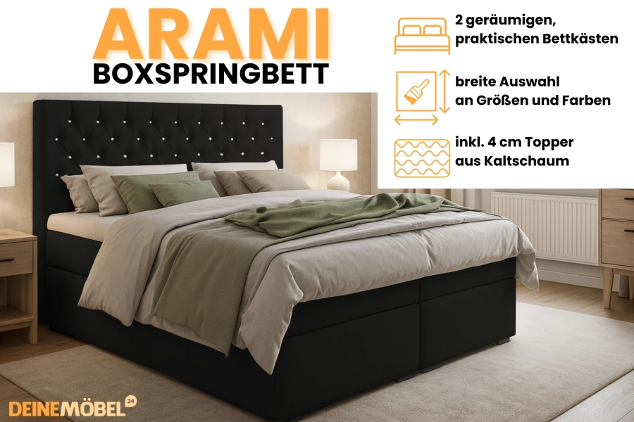ARAMI Boxspringbett Produkthighlights: Bettkästen, Farbauswahl und Kaltschaum-Topper.