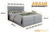 Infografik zu den Maßen des Arami Boxspringbetts: Verschiedene Breiten und Höhen.