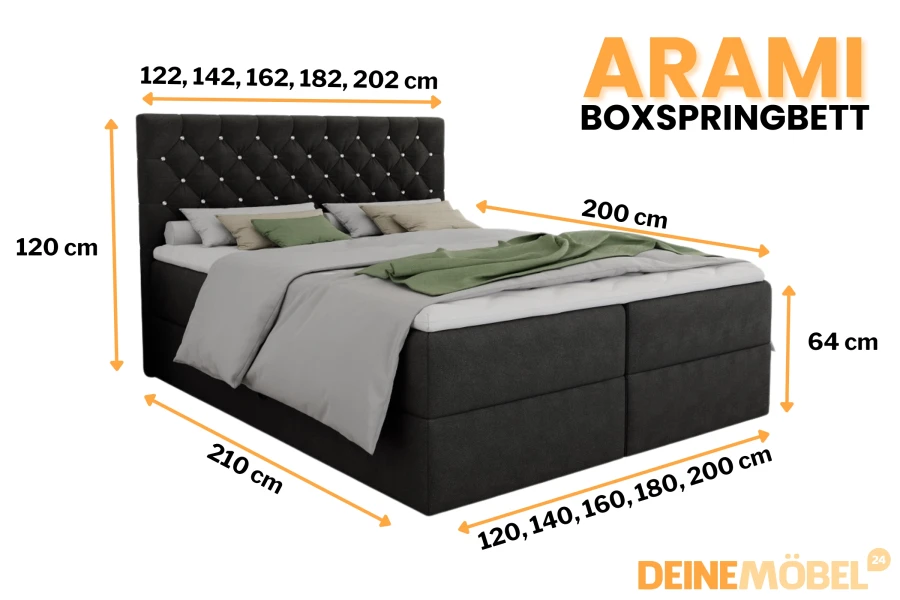 Maße des Boxspringbetts Arami: Übersicht über Höhen, Tiefen und verschiedene Breiten von 120 bis 200 cm.