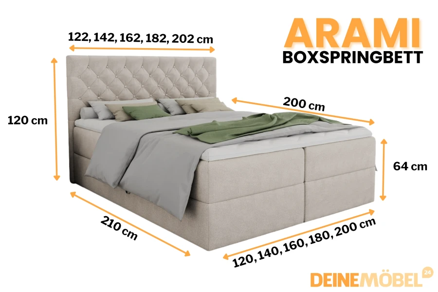 Übersicht der Maße und Abmessungen für das Boxspringbett Arami in verschiedenen Ausführungen.