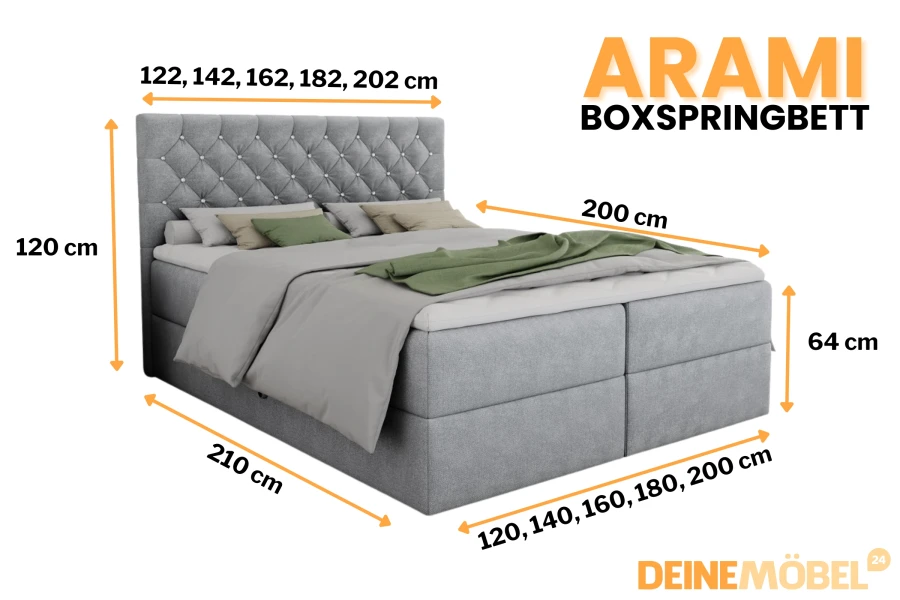 Maße und Größenübersicht für das Boxspringbett Arami