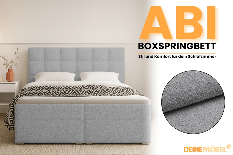 Abi boxspring bed in light blue with detailed view of the soft fabric structure.