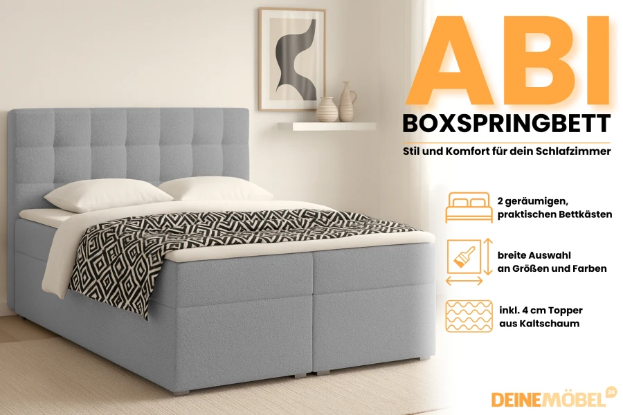 Abi boxspring bed with integrated storage box and 4 cm cold foam topper.