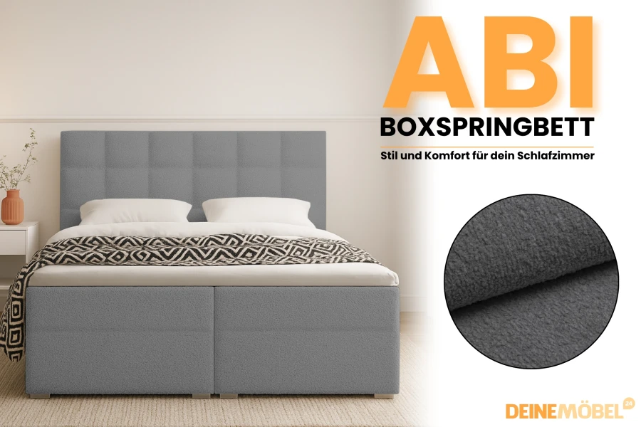 Grey ABI boxspring bed with dark grey fabric detail for a high-quality textured look.