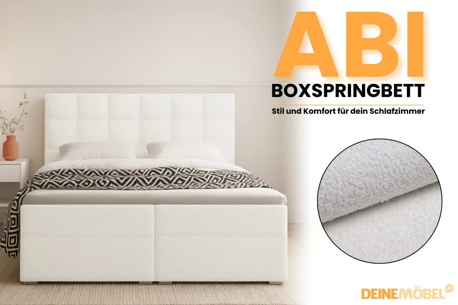 Boxspringbed ABI in wit met detailopname van het zachte stofoppervlak.
