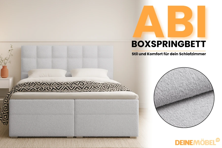 ABI box spring bed in light grey with detailed view of the bouclé fabric cover for modern bedroom design.