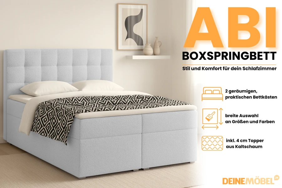 ABI box spring bed product highlights: bed base, cold foam topper and a wide selection of sizes and colours.