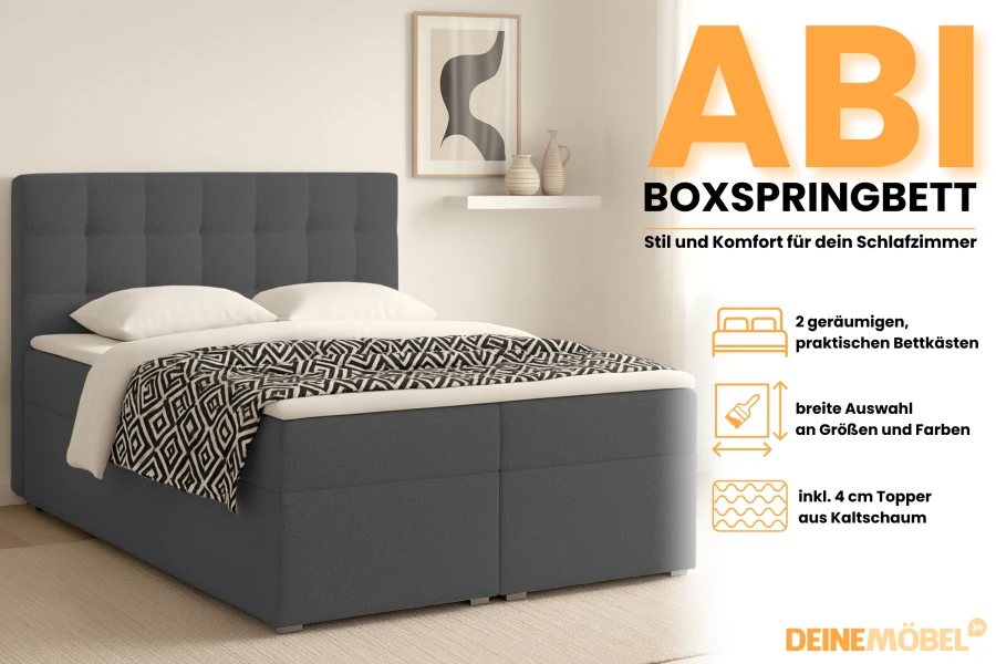Details on the box spring bed Abi: storage boxes, colour choice and included cold foam topper.