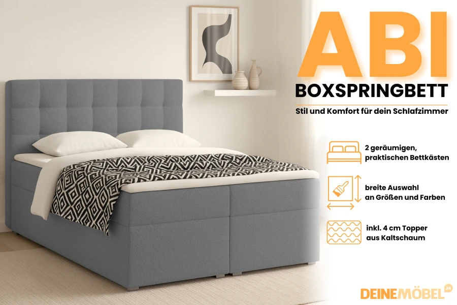 Box spring bed ABI with storage box and cold foam topper for maximum sleeping comfort.