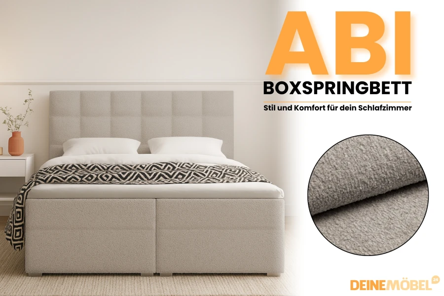 ABI Boxspringbett mit Detailansicht der weichen Stoffstruktur und modernem Design.