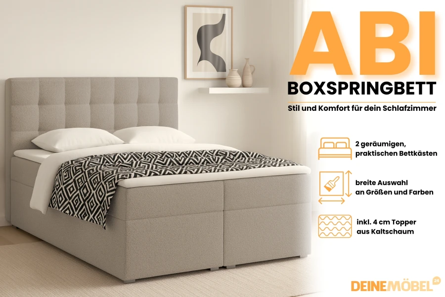 Infografik zum ABI Boxspringbett mit Details zu Bettkasten, Farbauswahl und Kaltschaum-Topper.