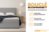 Infografik zum Bouclé Boxspringbett mit Details zu Bettkästen, Topper und Farbauswahl von DeinMöbel24.