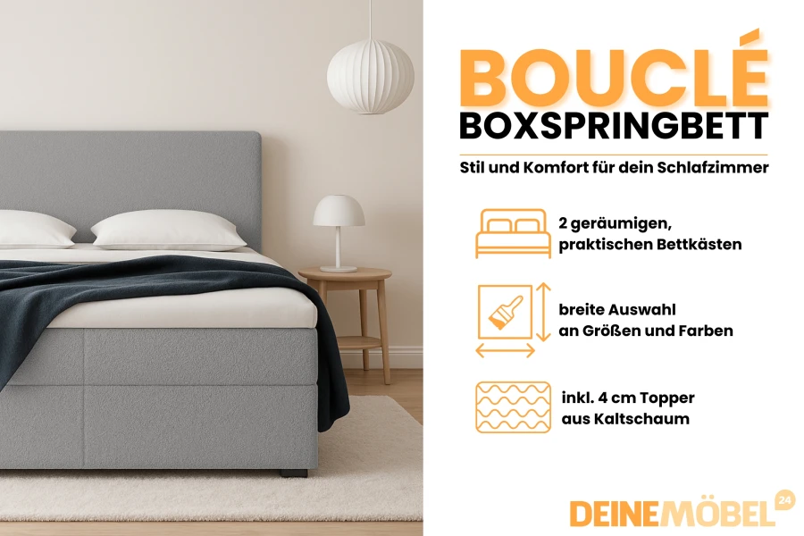 Infografik zum Bouclé Boxspringbett mit Details zu Bettkästen, Topper und Farbauswahl von DeinMöbel24.