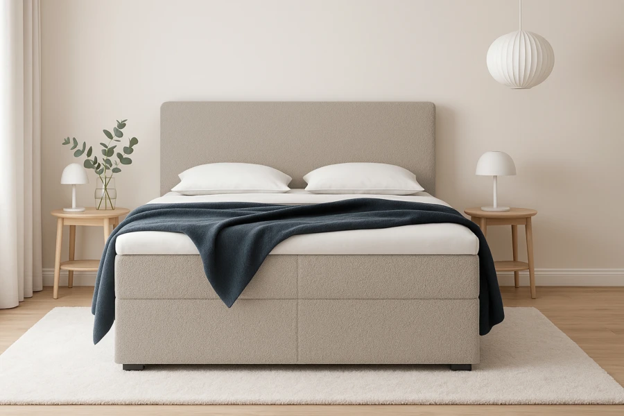 Beiges Boxspringbett mit dunkelblauer Decke im minimalistisch gestalteten Schlafzimmer.
