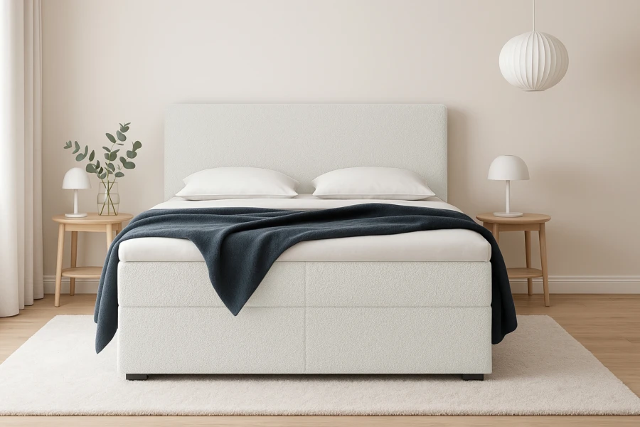 Cremefarbenes Boxspringbett mit blauer Decke und zwei hölzernen Nachttischen.