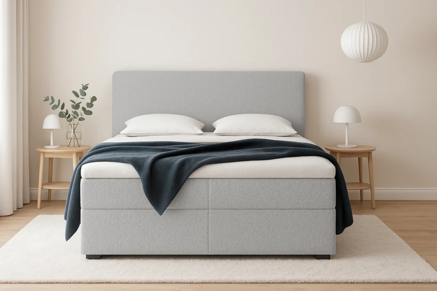 Hellgraues Boxspringbett in Frontalansicht mit minimalistischer Schlafzimmer-Deko.