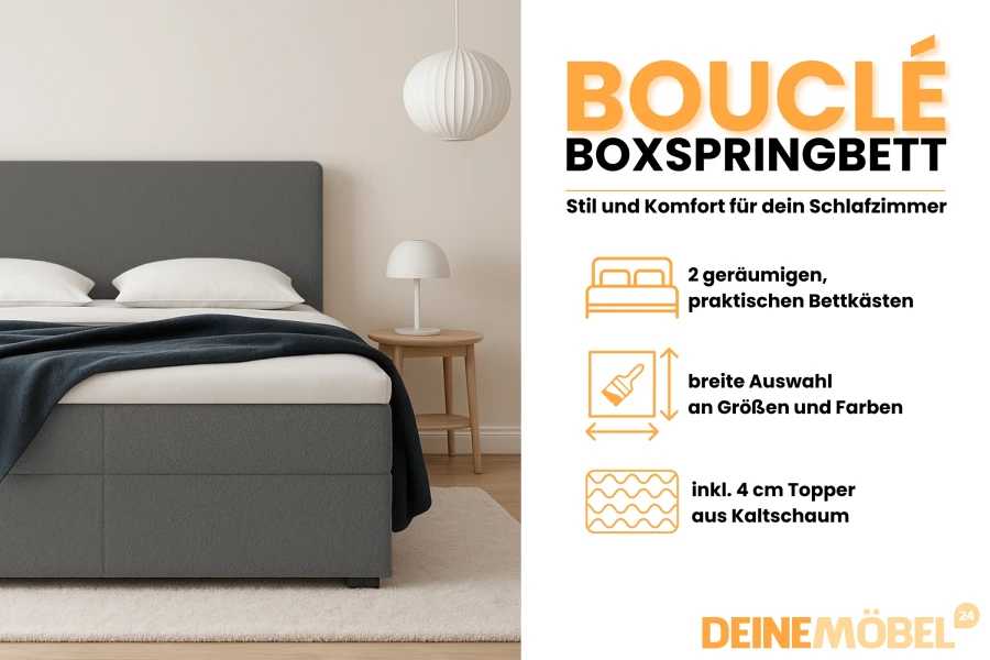 Infographic: Details over het bouclé boxspringbed met opbergruimte en koudschuimtopper.