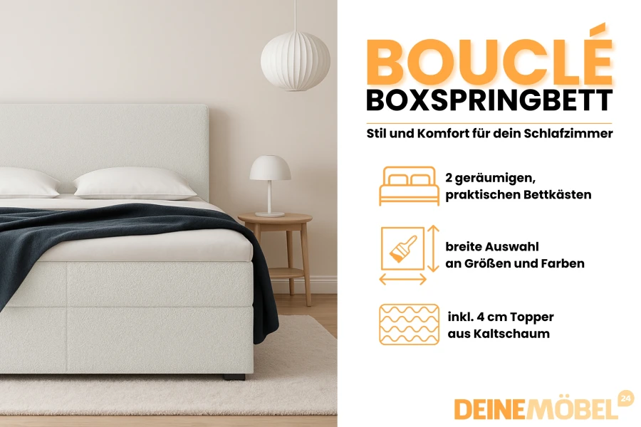 Infographic over het bouclé boxspringbed met details over bedkasten, kleurkeuze en koudschuim topper.