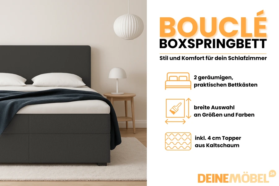 Infographic voor donkergrijs bouclé-boxspringbed met info over bedbakken en koudschuim-topper.